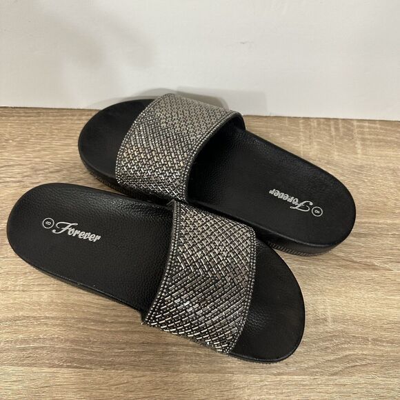 Forever Womens Slides Black Rhinestone Sandals Size 8 Slip On‎ Comfort Gemstones - Picture 2 of 7